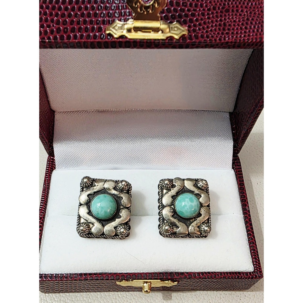 Vintage Southwestern Style Silver & Turquoise Rectangular Clip-On Earrings